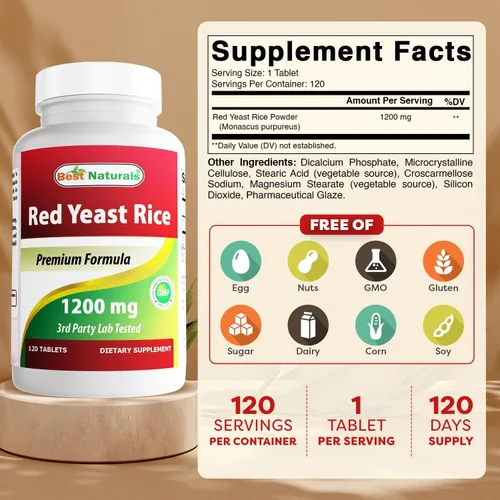 Miniatura 2 de Best Naturals Arroz de levadura roja 1200 mg (sin OGM), 120 comprimidos, no irradiado, sin citrinina