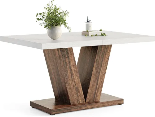 LITTLE TREE Mesa de comedor de 47 pulgadas para 4, mesas de comedor modernas, mesa de cocina rectangular blanca con pedestal en forma de V marrón