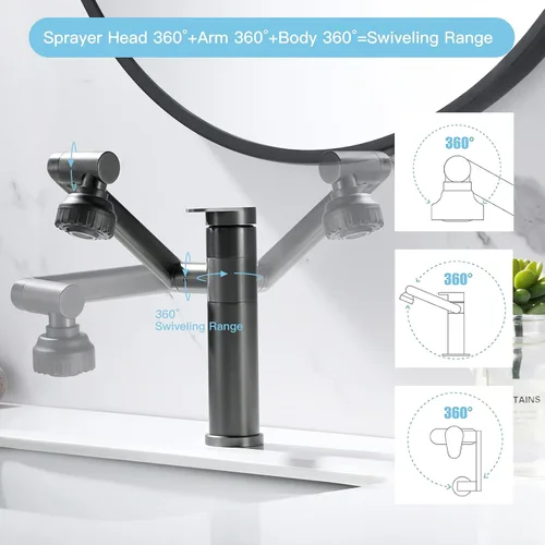 Miniatura 3 de Pistola de grifo de baño giratoria de 1080 grados, grifo de lavabo gris, 1 mango, rociador de ángulo grande, extensor de boquilla de aireador Gris