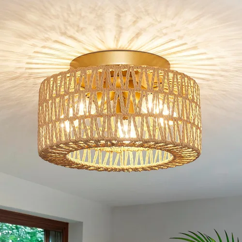 Lámparas de techo de ratán, montaje en techo, 3 luces, lámpara de techo de montaje empotrado estilo boho, lámpara de sombra de jaula tejida a mano,