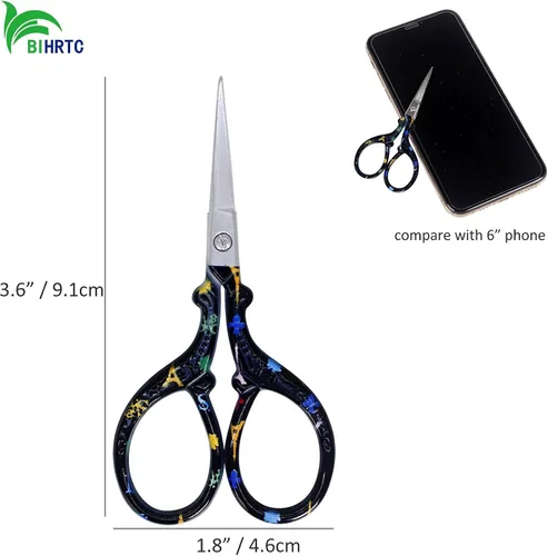 Miniatura 2 de BIHRTC Tijeras pequeñas para manualidades de 3.6 pulgadas, tijeras rectas y afiladas de acero inoxidable para bordado, costura, oficina, Torre Negra