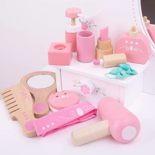 Miniatura 4 de Bigjigs Toys Estuche de madera para niños, kit de tocador de 11 piezas y accesorios con bolsa de transporte de lunares rosados, juguete ideal