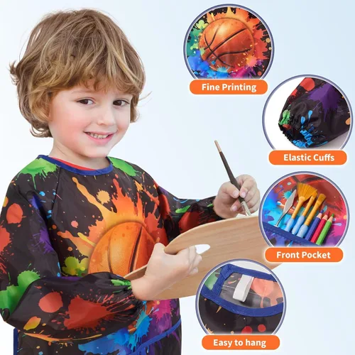 Miniatura 2 de WERNNSAI Bata de arte para niños impermeable con manga larga y 3 bolsillos de pintura