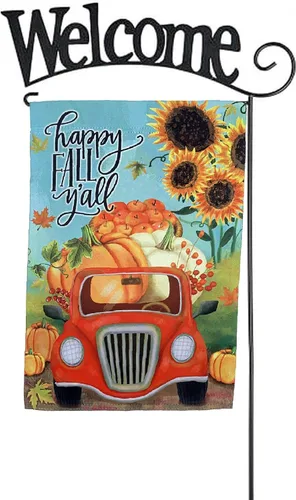 Miniatura 4 de Bandera de jardín Happy Fall Y'all – 12 x 18 pulgadas, doble cara, decoración de otoño, Halloween, cosecha de otoño, decoración de Acción de Camión