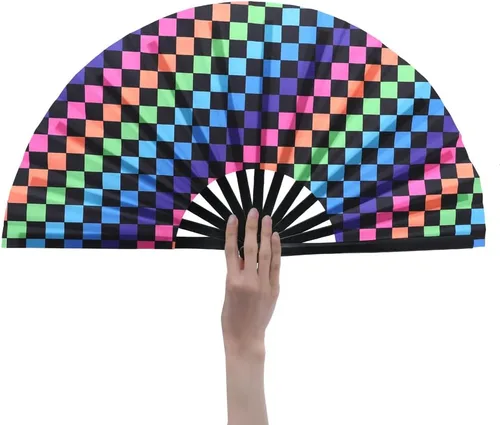 HeyToo Ventilador de mano grande para mujeres/hombres, con brillo UV, para Drag Queen, cosplay, EDM, club, fiesta, música, festival, baile, Cuadrado