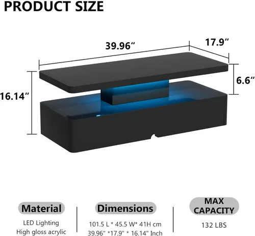 Miniatura 2 de oneinmil Mesa de centro LED moderna, mesas de sala de estar de 40 pulgadas con luces LED de 16 colores, diseño de doble capa, elegantes mesas
