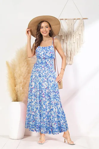 Miniatura 2 de GRACE KARIN Vestido largo de verano para mujer, sin mangas, floral, tirantes delgados, fruncido, bohemio, para playa, con bolsillos
