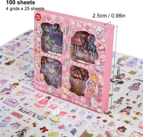 Miniatura 2 de 100 hojas de kit de calcomanías de chicas kawaii para diario - Lindas calcomanías de dibujos animados transparentes PET para álbumes de recortes