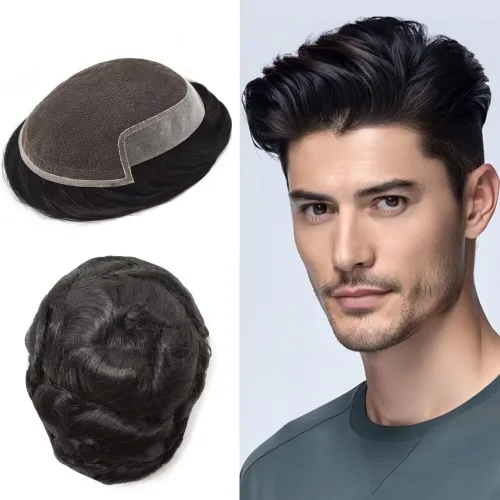FACE MIRACLE - Tupé frontal de encaje francés para hombres, sistema de reemplazo de cabello humano de encaje con pieza de pelo de poliuretano,