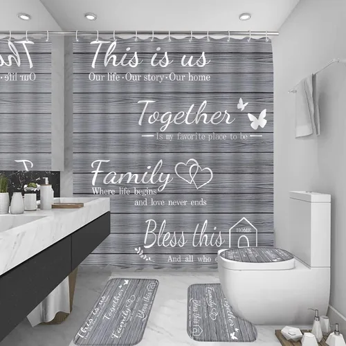 Miniatura 17 de Juego de 4 piezas de cortinas de ducha familiares con alfombras antideslizantes, cubierta para tapa de inodoro y tapete de baño, conjunto negro