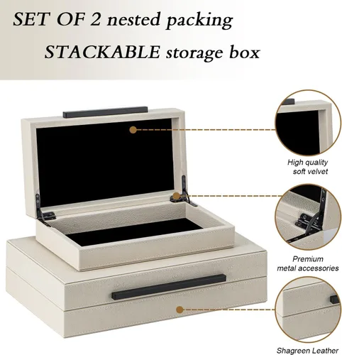 Miniatura 3 de Juego de 2 cajas de almacenamiento decorativas de cuero granulado beige con asas de metal negro – Cajas para joyas y recuerdos de cuero sintético