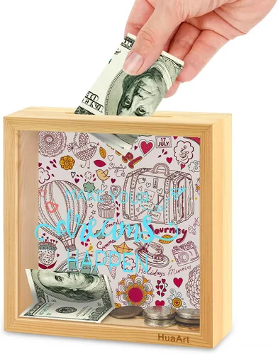 Miniatura 10 de Alcancía para niños, caja de madera más grande y segura para niños, caja de dinero de madera natural, impresa en la parte delantera de plexiglás