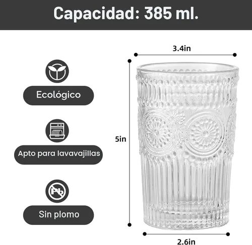 Miniatura 2 de ZMOWIPDL Juego de 6 vasos de vidrio vintage para beber, vasos de agua de vidrio con textura transparente con diseño de flores, vasos de agua a rayas