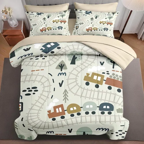 Miniatura 9 de Juego de edredón con funda de almohada tamaño individual, diseño de coche de dibujos animados, tren, mapa de carretera, decoración de cama linda