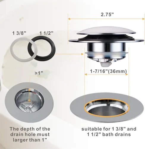 Miniatura 2 de Wellup Tapón de drenaje universal desplegable para bañera de repuesto con punta cromada, elevación y giro para bañera, tapón de baño chapado