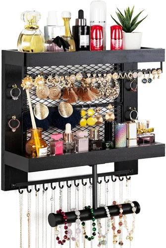 Pinzoveco Organizador de joyas colgante montado en la pared con soporte organizador de joyas de pared para collares, pulsera, aretes, anillo (negro)