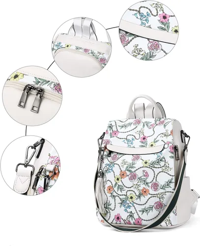 Miniatura 5 de Bromen - Mochila tipo bolso de mano de piel antirrobo para mujer a la moda, Beige floral, L