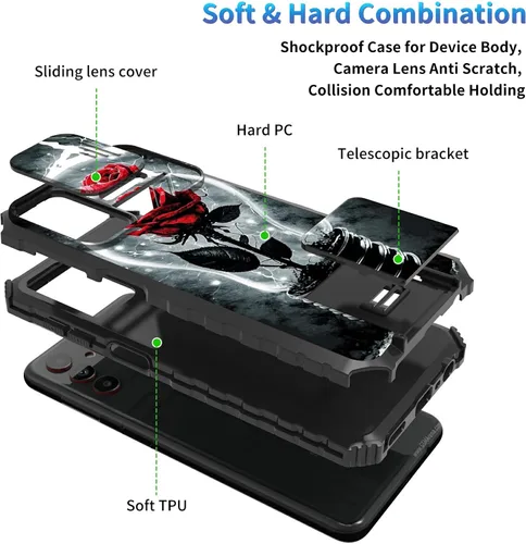 Miniatura 256 de Funda para Samsung Galaxy S22 Ultra 5G, Galaxy S22 Ultra con cubierta de cámara deslizante, funda resistente de doble capa con función atril Black