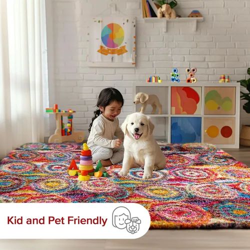Miniatura 6 de nuLOOM Kindra Multicolor/Rojo, 7'10" Cuadrada, Círculos Bohemios, Suave y Acogedora, Alto Tráfico, Resistente a Manchas, Fácil de Limpiar, Alfombra