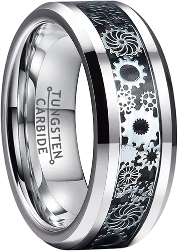 Wow Jewelers - Anillo de tungsteno de 6 mm y 8 mm color negro, plateado, rojo y azul para hombres y mujeres, anillos de matrimonio estilo Steampunk