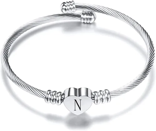 VQYSKO Silver Heart Initials Bracelet-A-Z Stainless Steel Engraved Charm Bracelet, Woman Jewelry Birthday Festival Gift