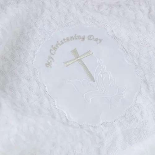 Miniatura 7 de Booulfi Mantas de bebé bordadas con cruz neutra para niños y niñas, manta blanca para bautizo, bautizo, borde satinado, cubierta de chal