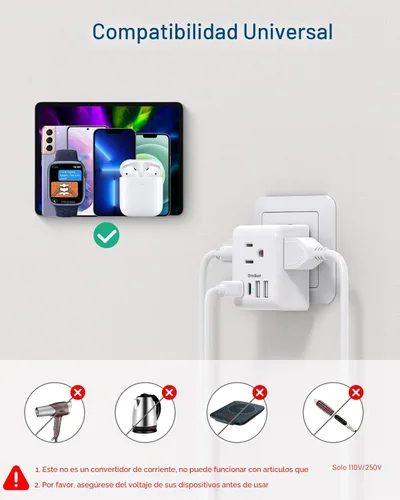 Miniatura 6 de Paquete de 2 adaptadores de enchufe de viaje europeos, adaptador de enchufe internacional con 3 tomas, 3 puertos de carga USB (1 USB C), adaptador