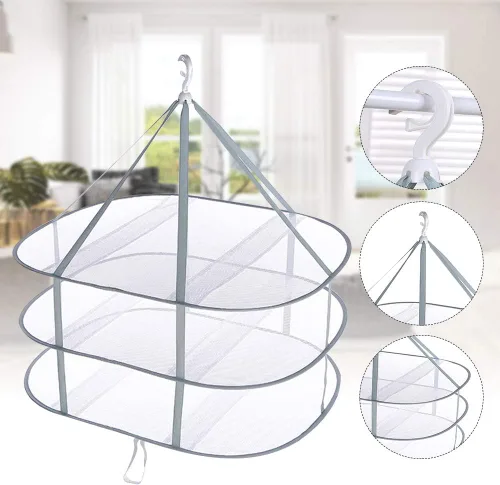 Miniatura 2 de Estante de secado plegable de 3 niveles, capacidad de 10 libras, ahorro de espacio, secadora colgante con banda de fijación, estante apilable