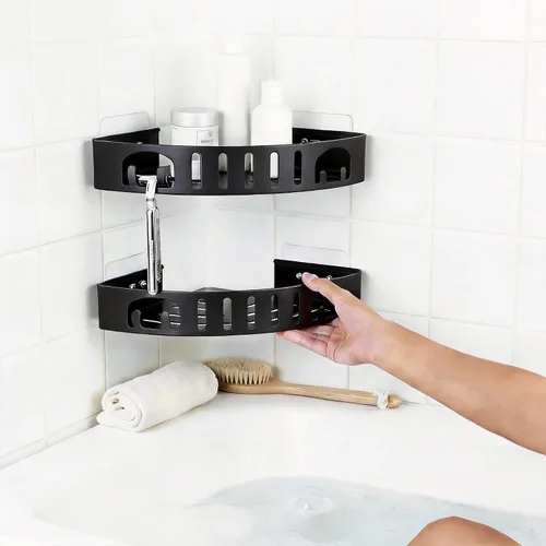 Miniatura 6 de Estante de ducha adhesivo de esquina sin taladro Organizador de baño de aleación de aluminio a prueba de óxido con soporte para afeitar