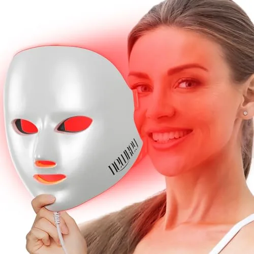 NEWKEY Máscara de terapia de luz roja para arrugas faciales, 7 modos de luz con 150 LEDS 633 nm, terapia de luz LED roja, máscara facial para el