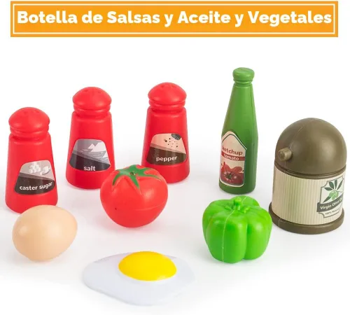 Miniatura 4 de Bruvoalon Juego de 32 juguetes de cocina para niños, accesorios de cocina con ollas, sartenes, utensilios de cocina, alimentos, verduras enlatadas