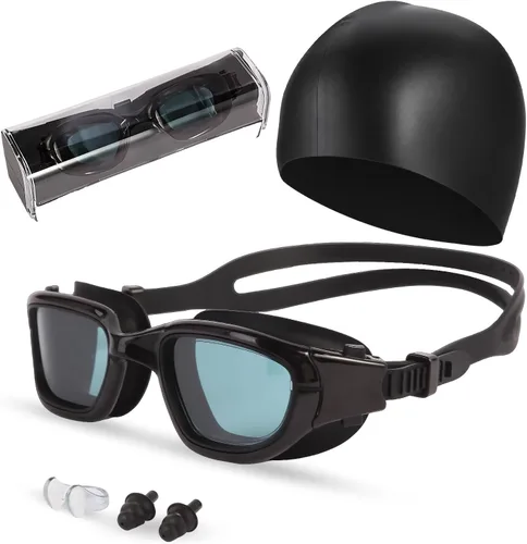 Miniatura 9 de Gafas de natación, gafas para adultos con gorro de natación, clip de nariz y tapones para los oídos, protección UV, lente antivaho y funda