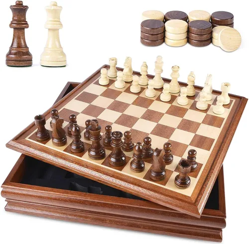 VAMSLOVE Juegos de mesa de ajedrez y damas para adultos, tablero de madera de lujo de 15 pulgadas con caja de almacenamiento, tamaño grande clásico