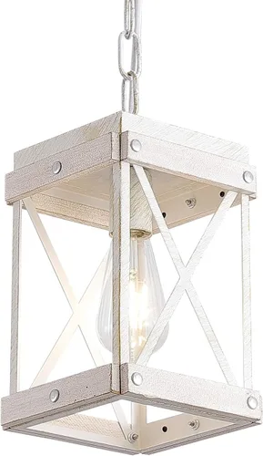 Fivess Lighting - Lámpara colgante rústica de una luz ajustable con jaula de madera y metal, estilo granja moderna en blanco envejecido, lámpara