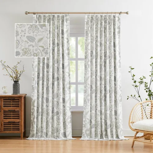 Miniatura 11 de Kayne Studio Paneles de cortina 100% opaca azul gris con estampado de hojas botánicas, cortinas florales de estilo granja para sala de estar y Azul