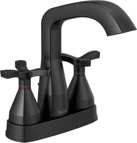 Delta Faucet Stryke - Grifo de baño negro mate, grifo de baño central con asas cruzadas, tecnología de sello de diamante, ensamblaje de drenaje de