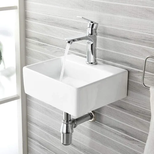 Miniatura 3 de Fregadero de baño de montaje en pared, fregadero de 13.4 x 11.5 pulgadas con soporte para grifo, lavabo rectangular de cerámica de porcelana blanca