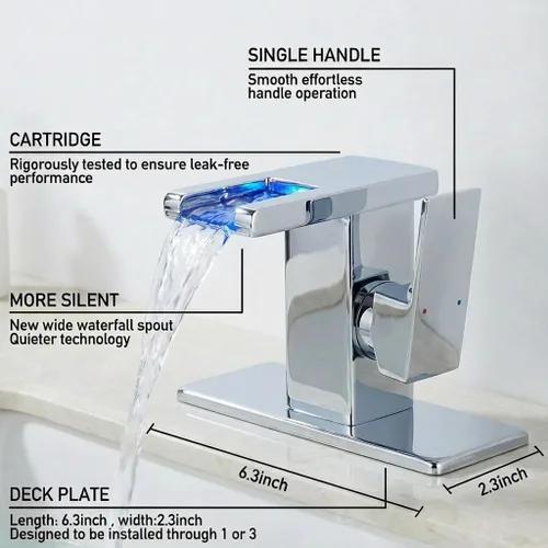 Miniatura 3 de AVSIILE Grifo LED para Lavabo de Baño, Cromado Cascada Mango de Un Solo Orificio Grifos de Tocador para Lavabos 1 Orificio con Desagüe Emergente