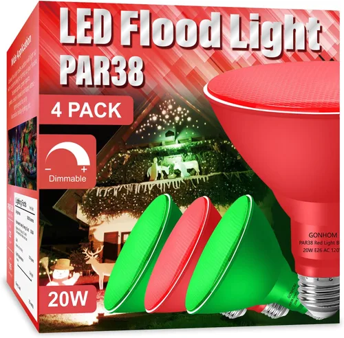Miniatura 20 de Gonhom PAR38 - Luces de inundación para exteriores, bombillas LED regulables, 20 W (equivalente a 200 W), base E26, porche al aire libre, Rojo