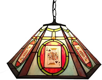 Miniatura 6 de Iluminación colgante LED lámpara de araña antigua Tiffany Art de 18 pulgadas de ancho, pantalla geométrica, vitrales con patrón de póquer, 2 luces