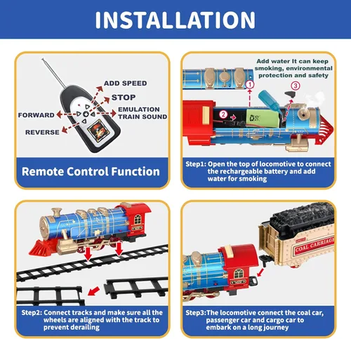 Miniatura 4 de JQ JUQU Juego de tren de control remoto para niños de 3 a 8 años, tren de juguete eléctrico con vapor, luces y sonidos, incluye 17 pistas y batería