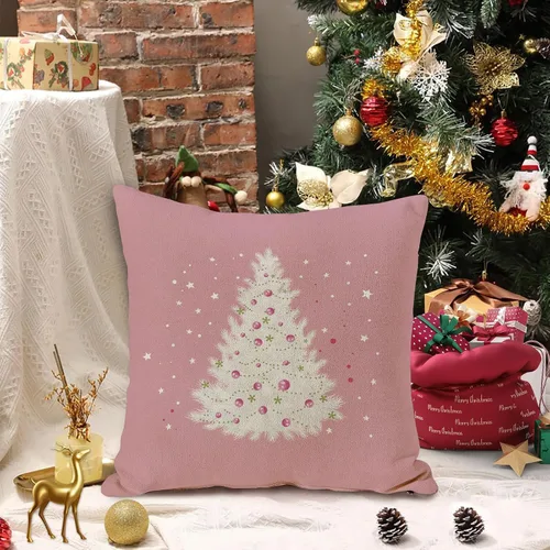 Miniatura 2 de GOOESING Fundas de almohada de Navidad de 18 x 18 pulgadas, color rosa con árbol de Navidad, funda de cojín para sofá, decoración del hogar