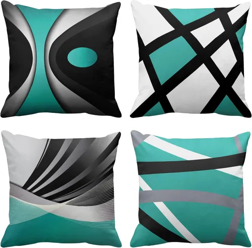 Miniatura 12 de Emvency - Juego de 4 fundas de almohada decorativas modernas con rayas abstractas en rojo, gris, negro y blanco, acrílico, gris audaz, fundas