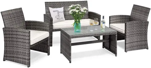 Miniatura 13 de Tangkula Juego de muebles de mimbre para patio de 4 piezas, juego de sofá y mesa Patiojoy con 4 asientos, juego de sofá de ratán al aire libre