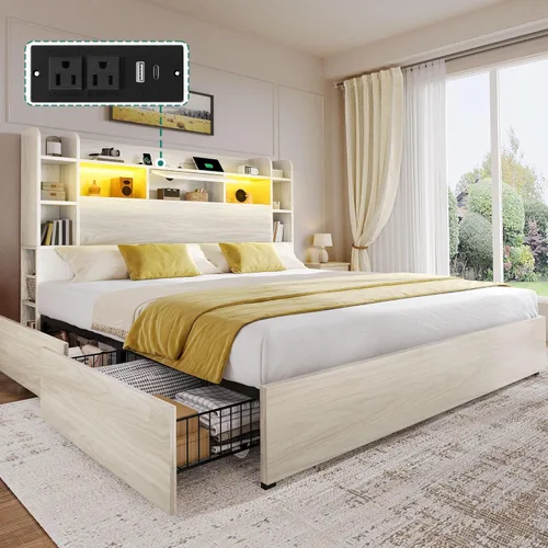 Miniatura 9 de DWVO King Size Bed Frame with Tall Bookcase Headboard and 4 Storage Drawers, RGB LED Bed Frame with Type-C & USB Charging Station Storage Headboard