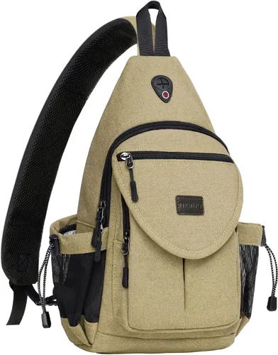 MOSISO - Mochila bandolera de lona, mochila de día para senderismo con bolsillo antirrobo Caqui