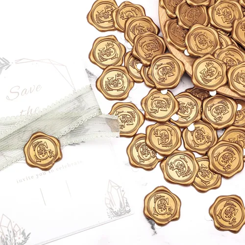 Miniatura 5 de Yoption 50 piezas de pegatinas de sello de cera inicial G, pegatinas de sello autoadhesivas de letra dorada retro antigua para sobres, para bodas