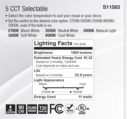 Miniatura 6 de Satco S11583; LED PAR30SN de 11 vatios; base media; acabado plateado; CCT seleccionable; 120 voltios; ángulo de haz de 40 grados