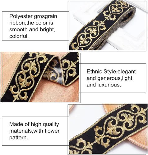 Miniatura 3 de PH PandaHall Cinta jacquard de 1.75 pulgadas, 4 yardas con adhesivo en caliente, ribete floral negro dorado bordado, cinta tejida de tela con flecos