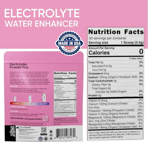Miniatura 5 de Polvo de electrolitos PowderVitamin Plus (50 porciones) Polvo de electrolitos de frambuesa y limonada cero calorías Keto, 0 azúcar, sin